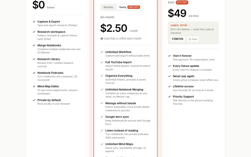 Sourclip pricing page with plans and prices — screenshot of the research & search AI tool, Oct 1, 2026