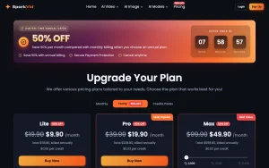 SparkVid pricing page with plans and prices — screenshot of the video AI tool, 2026-10-01