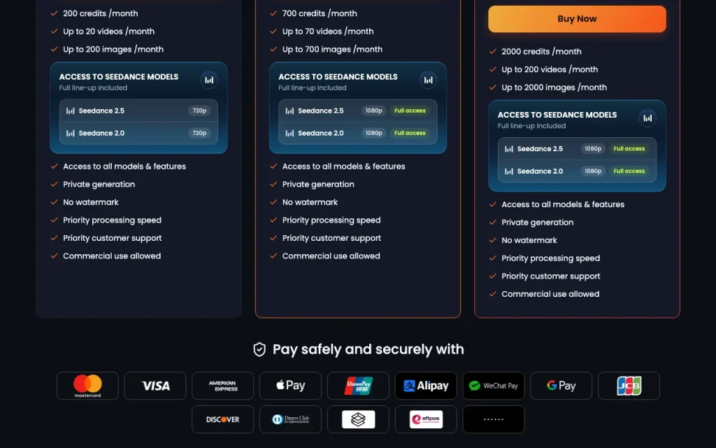 SparkVid page de tarifs avec offres et prix — capture d'écran de l'outil d'IA vidéo, Oct 1, 2026