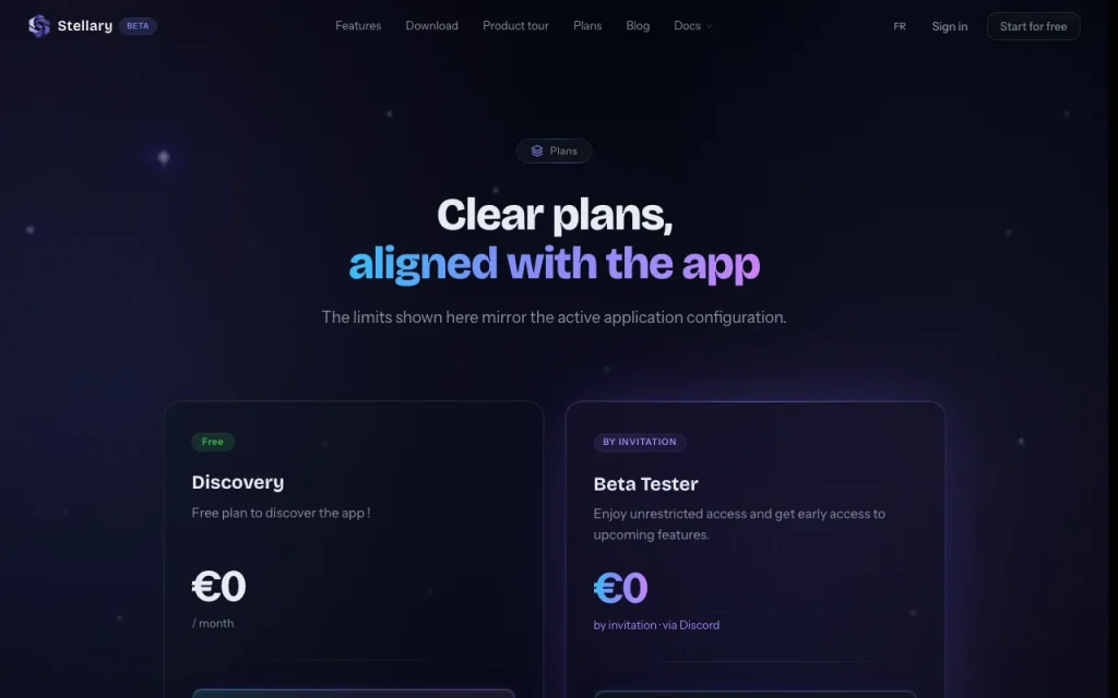 Stellary pricing page with plans and prices — screenshot of the productivity & writing AI tool, Oct 1, 2026