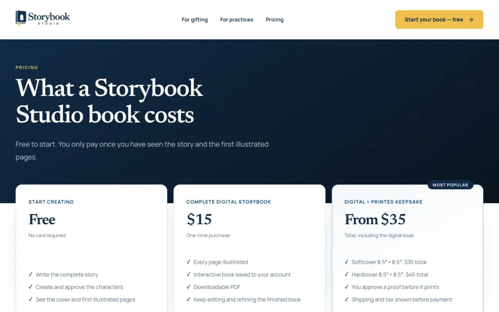 Storybook Studio página de precios con planes y precios — captura de pantalla de la herramienta de IA generación de imágenes, Oct 1, 2026
