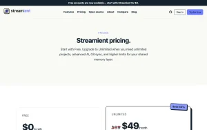 Streamient (formerly Kumbukum) pricing page with plans and prices — screenshot of the productivity & writing AI tool, 2026-10-01
