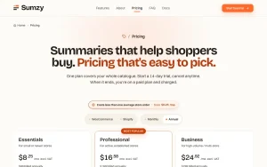 Sumzy pricing page with plans and prices — screenshot of the productivity & writing AI tool, 2026-10-01
