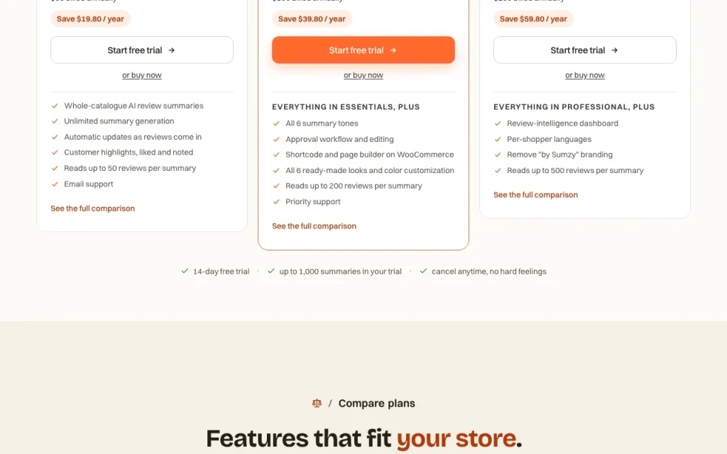 Sumzy Preisseite mit Tarifen und Preisen – Screenshot des KI-Tools produktivität & schreiben, Oct 1, 2026