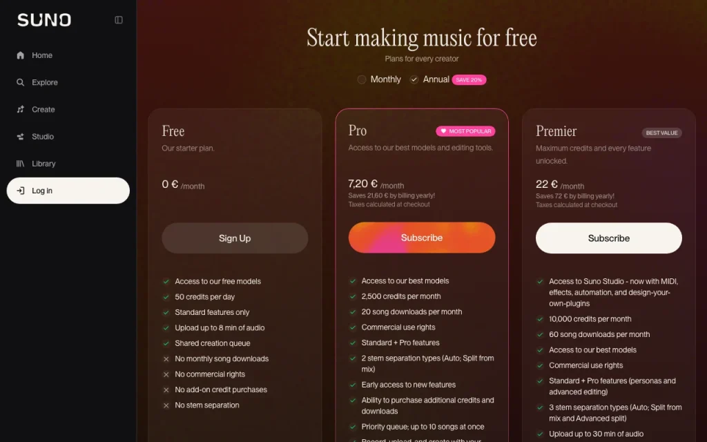 Suno pricing page with plans and prices — screenshot of the audio & voice AI tool, Oct 1, 2026