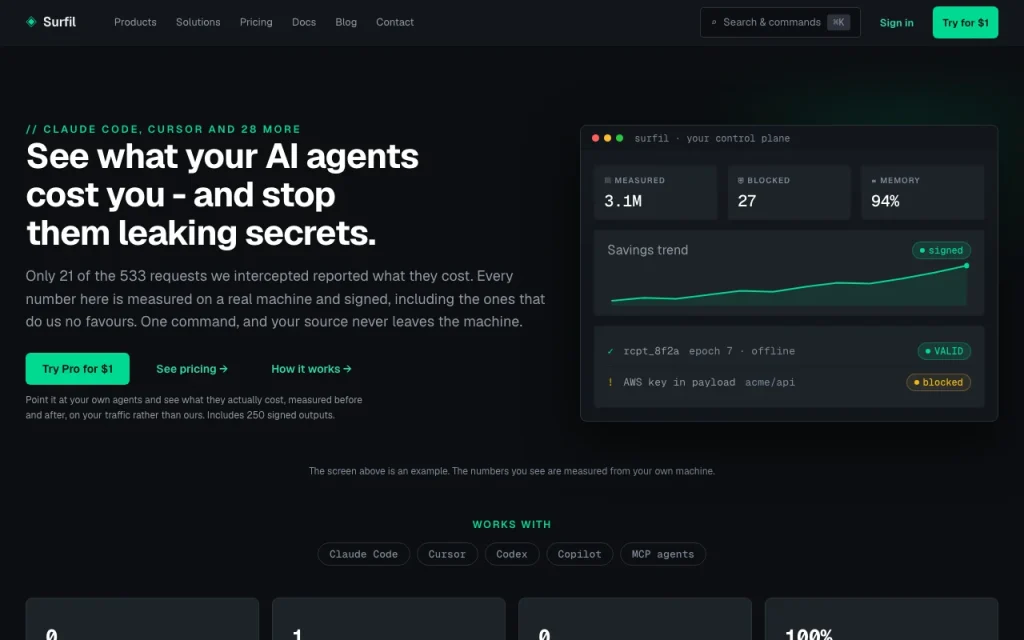 Surfil homepage — screenshot of the coding AI tool, Oct 1, 2026