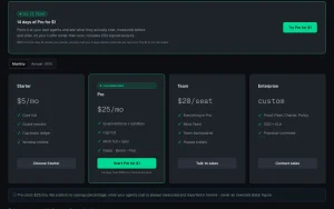 Surfil pricing page with plans and prices — screenshot of the coding AI tool, 2026-10-01