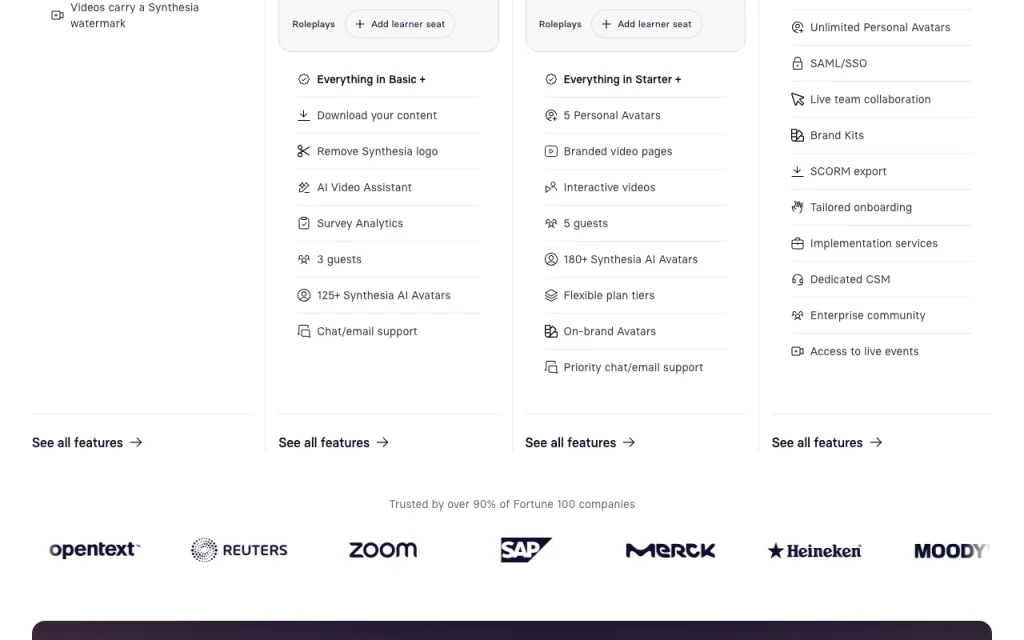 Synthesia pricing page with plans and prices — screenshot of the video AI tool, Oct 1, 2026