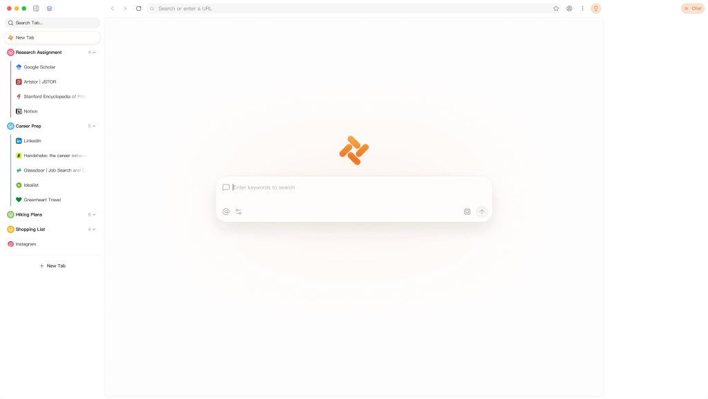 Capture d'écran de la page d'accueil de Tabbit Browser, outil d'IA productivité et rédaction