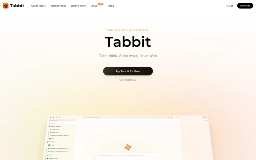Tabbit Browser page d'accueil — capture d'écran de l'outil d'IA productivité et rédaction, Oct 1, 2026