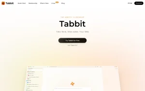 Tabbit Browser homepage — screenshot of the productivity & writing AI tool, 2026-10-01