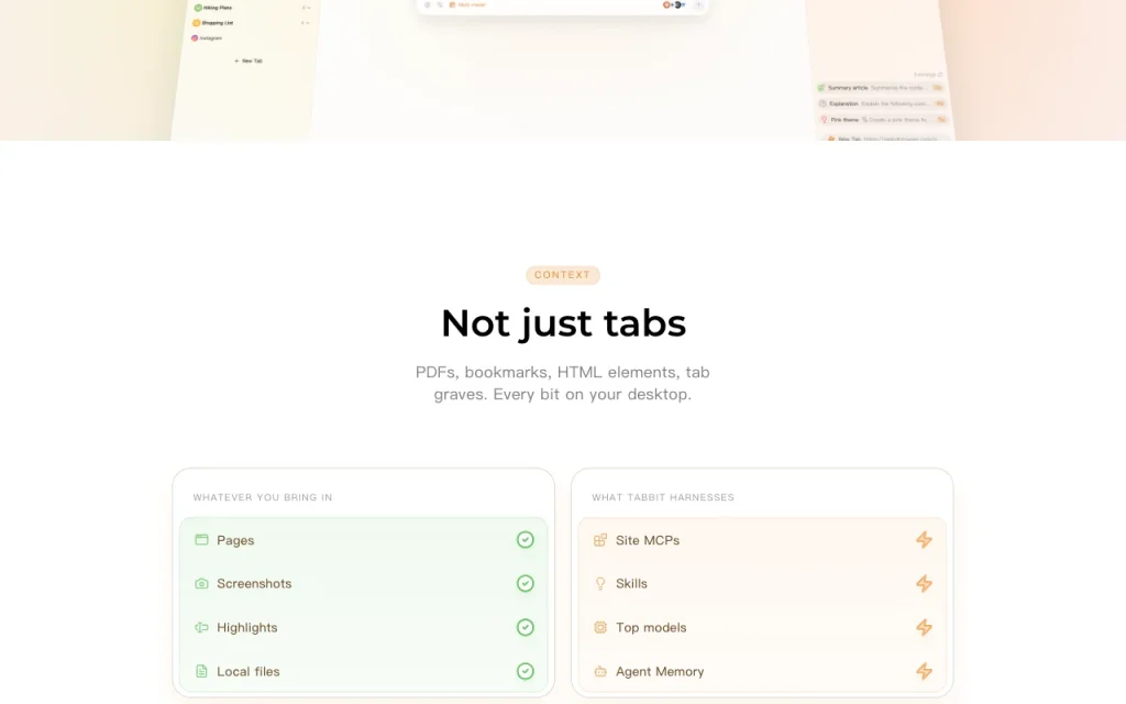 Tabbit Browser page d'accueil — capture d'écran de l'outil d'IA productivité et rédaction, Oct 1, 2026