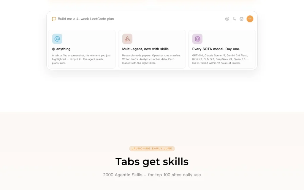 Tabbit Browser page d'accueil — capture d'écran de l'outil d'IA productivité et rédaction, Oct 1, 2026