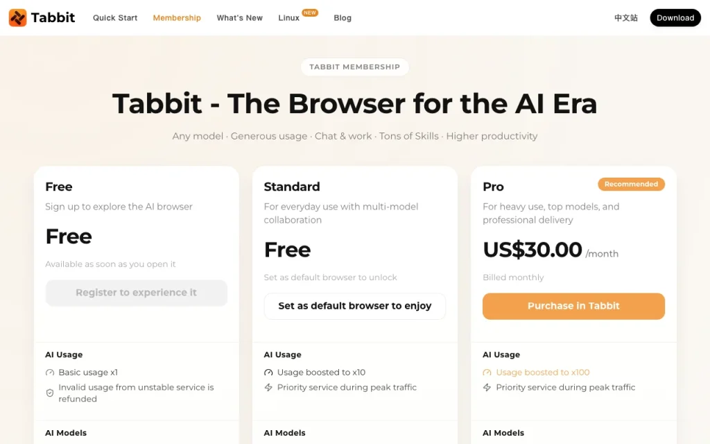 Tabbit Browser page de tarifs avec offres et prix — capture d'écran de l'outil d'IA productivité et rédaction, Oct 1, 2026