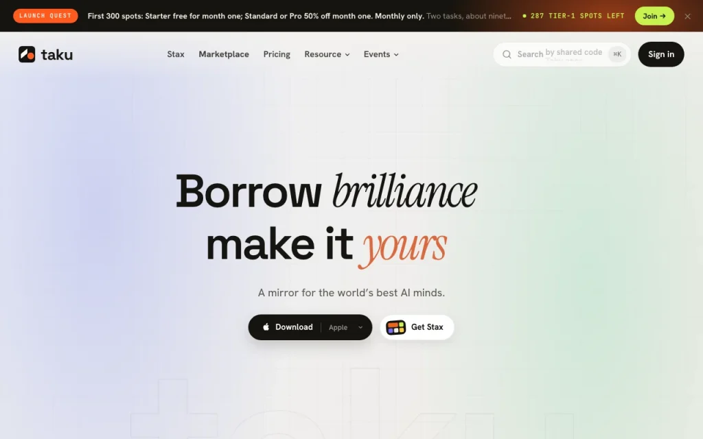 Taku homepage — screenshot of the productivity & writing AI tool, Oct 1, 2026