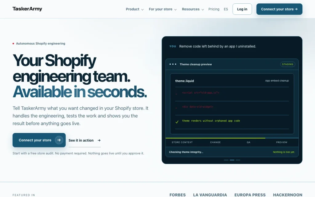 TaskerArmy Startseite – Screenshot des KI-Tools coding, Oct 1, 2026