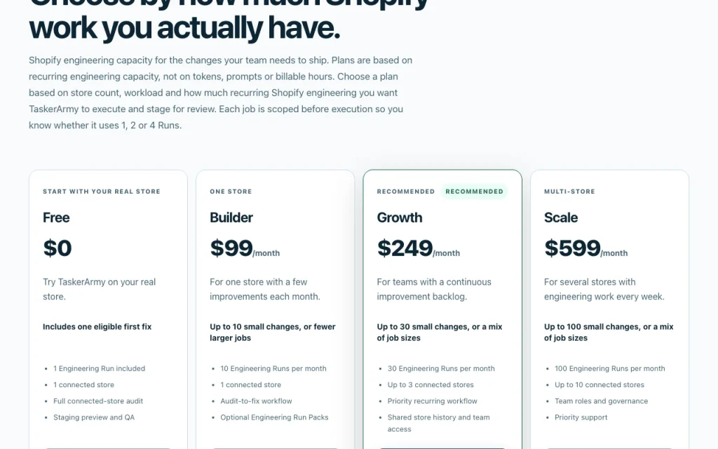 TaskerArmy pricing page with plans and prices — screenshot of the coding AI tool, Oct 1, 2026