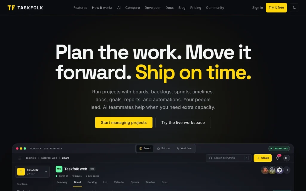 Taskfolk homepage — screenshot of the productivity & writing AI tool, Oct 1, 2026