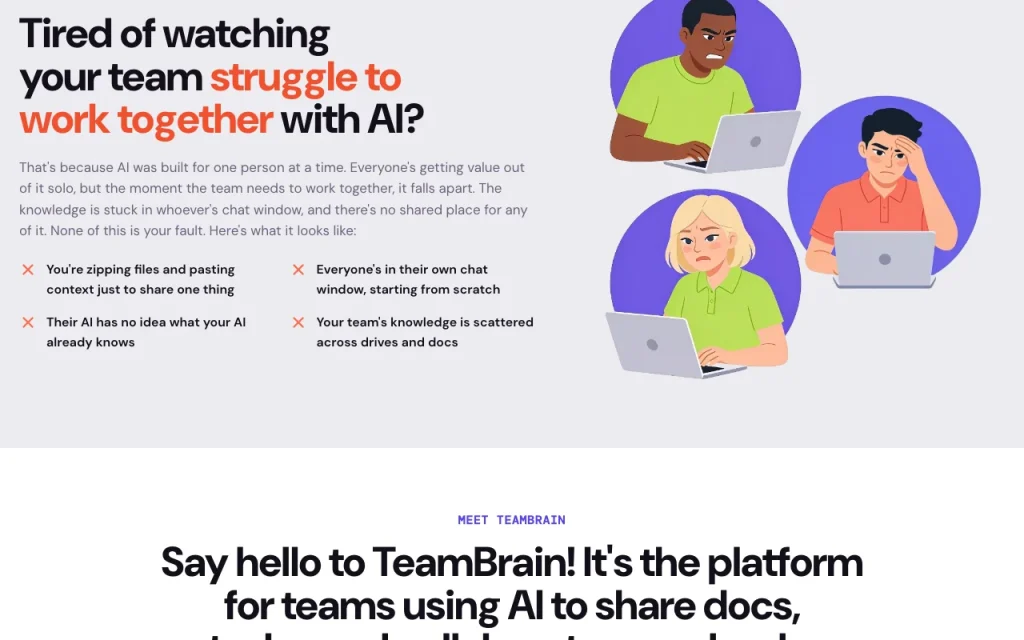 TeamBrain homepage — screenshot of the productivity & writing AI tool, Oct 1, 2026