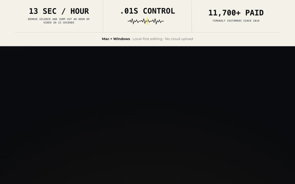 TimeBolt homepage — screenshot of the video AI tool, Oct 1, 2026