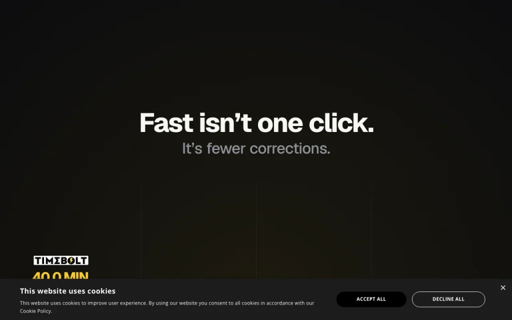 TimeBolt homepage — screenshot of the video AI tool, Oct 1, 2026