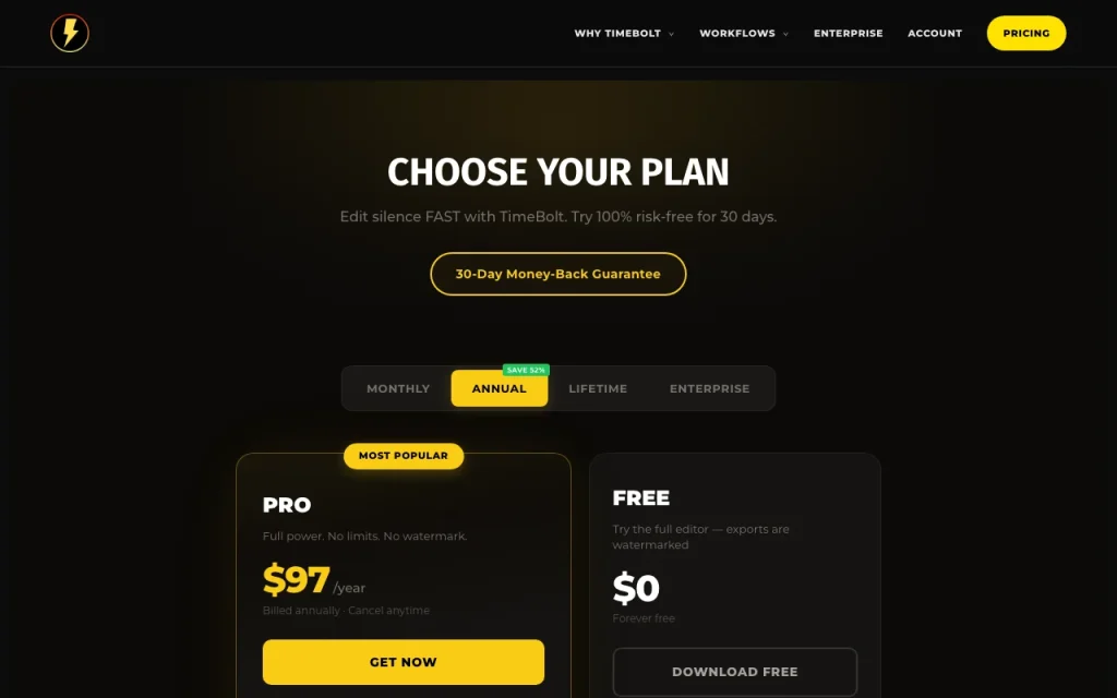 TimeBolt pricing page with plans and prices — screenshot of the video AI tool, Oct 1, 2026