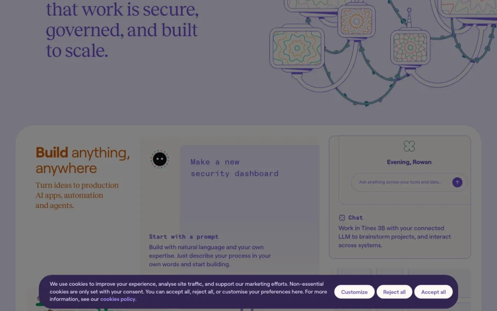 Tines 3B homepage — screenshot of the productivity & writing AI tool, Oct 1, 2026