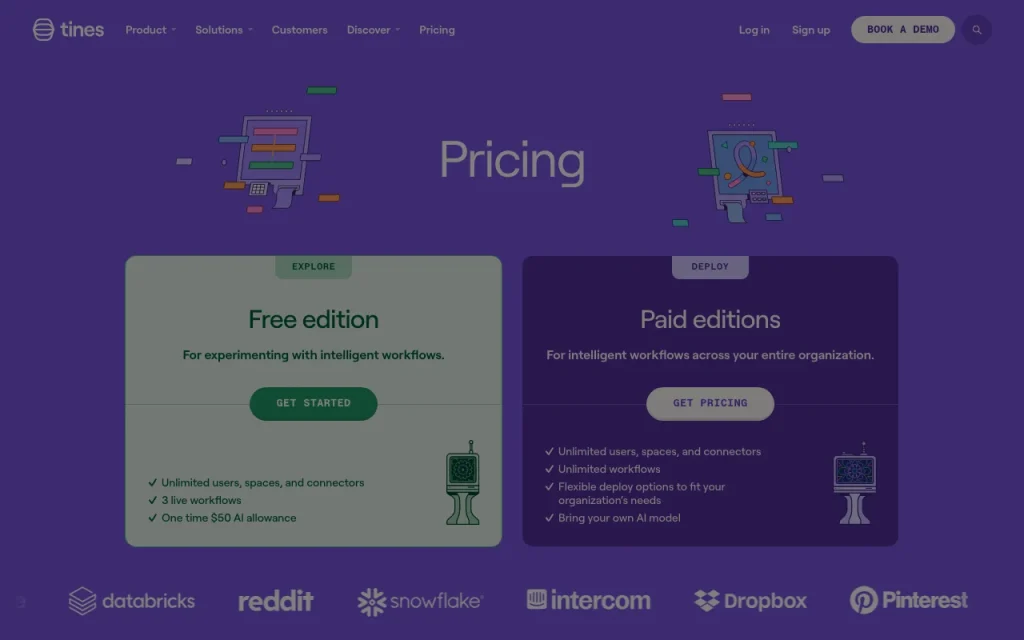 Tines 3B pricing page with plans and prices — screenshot of the productivity & writing AI tool, Oct 1, 2026
