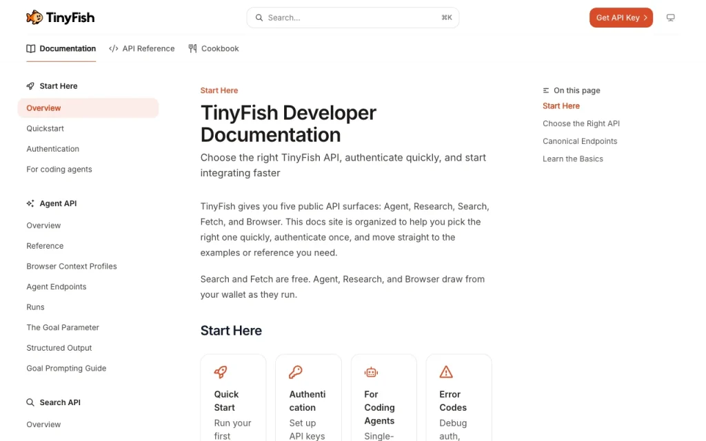 TinyFish documentación — captura de pantalla de la herramienta de IA programación, Oct 1, 2026