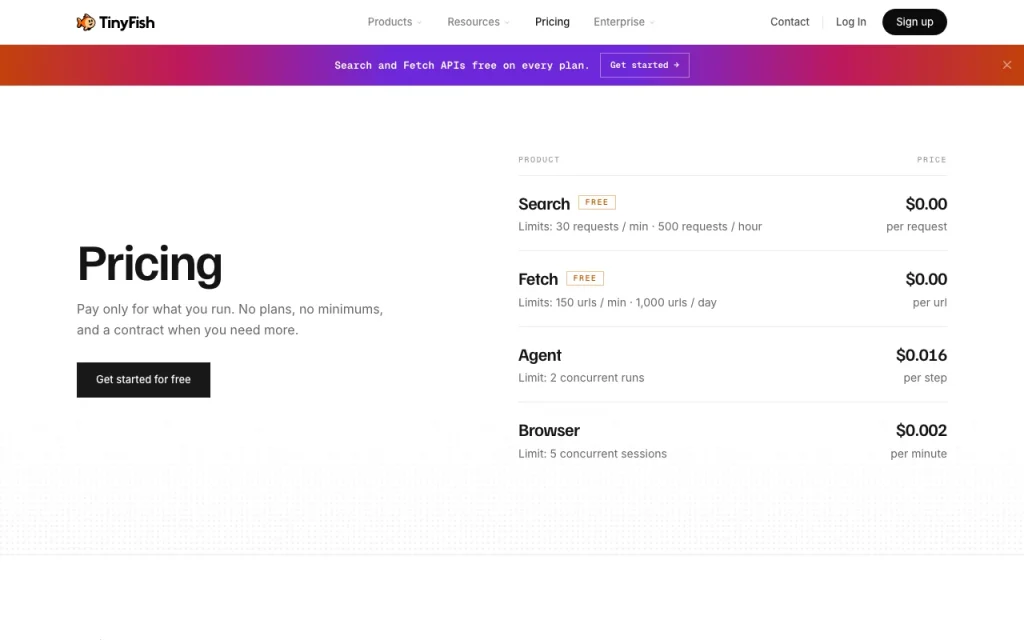 TinyFish página de precios con planes y precios — captura de pantalla de la herramienta de IA programación, Oct 1, 2026