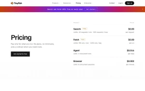 TinyFish pricing page with plans and prices — screenshot of the coding AI tool, 2026-10-01