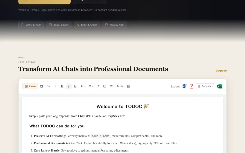 TODOC.ai homepage — screenshot of the productivity & writing AI tool, Oct 1, 2026