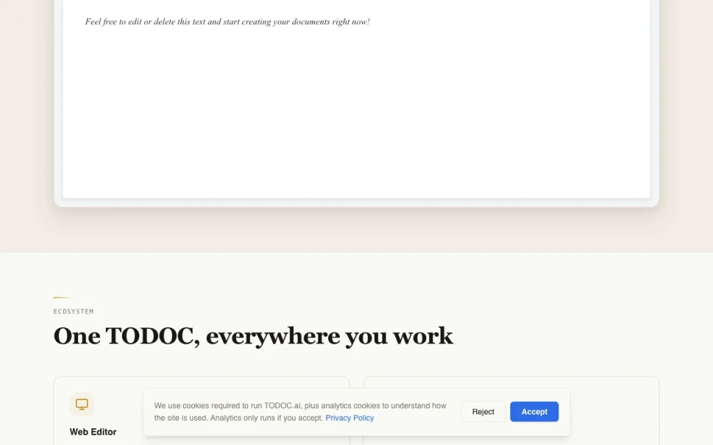 TODOC.ai homepage — screenshot of the productivity & writing AI tool, Oct 1, 2026