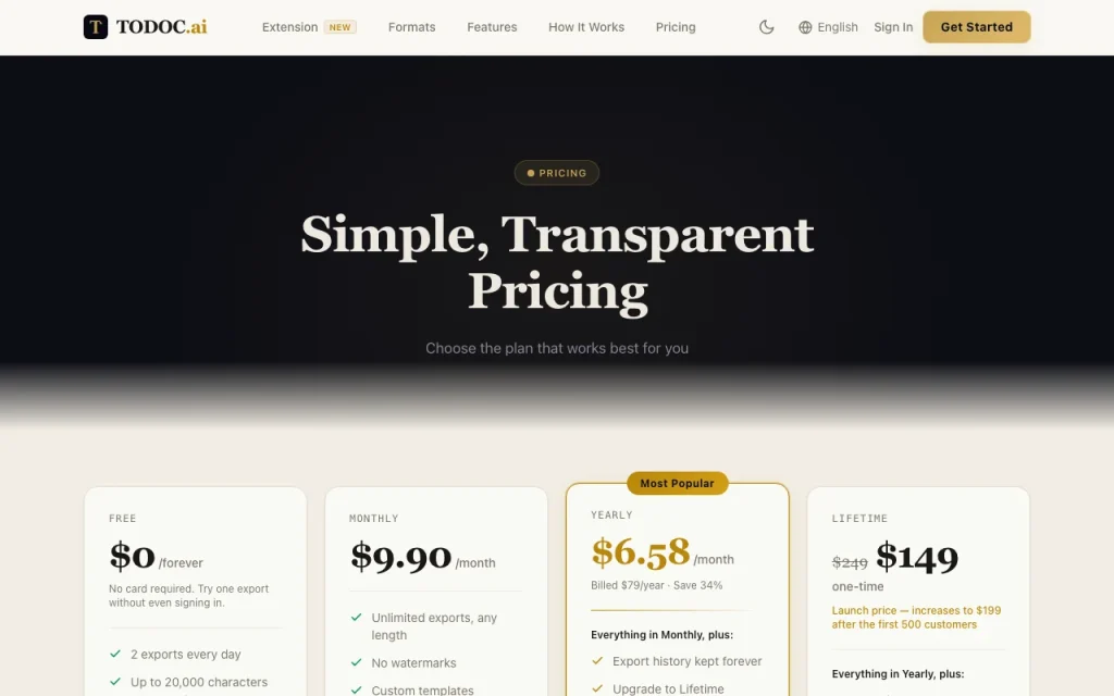 TODOC.ai pricing page with plans and prices — screenshot of the productivity & writing AI tool, Oct 1, 2026