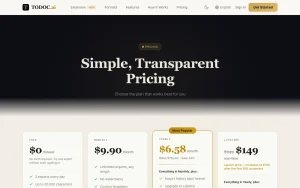 TODOC.ai pricing page with plans and prices — screenshot of the productivity & writing AI tool, 2026-10-01