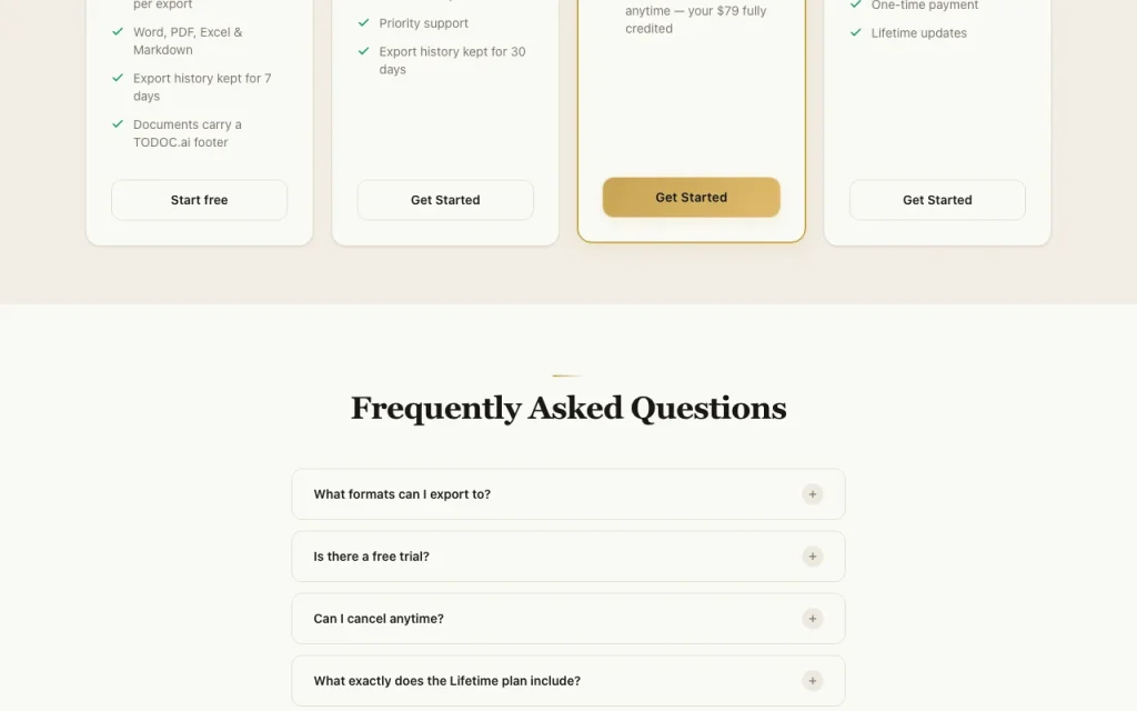 TODOC.ai pricing page with plans and prices — screenshot of the productivity & writing AI tool, Oct 1, 2026