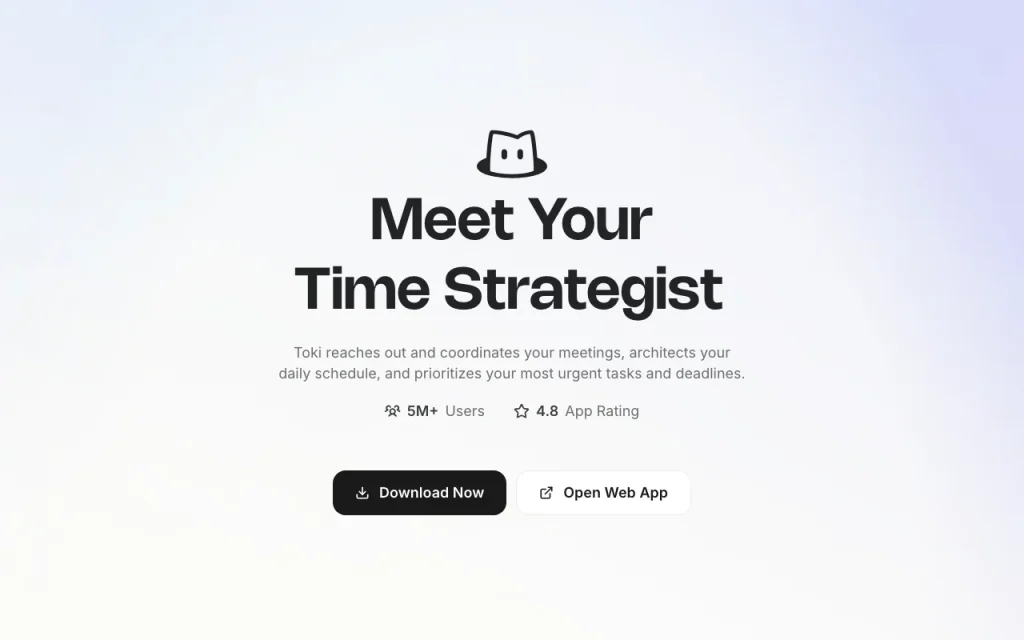 Toki homepage — screenshot of the productivity & writing AI tool, Oct 1, 2026