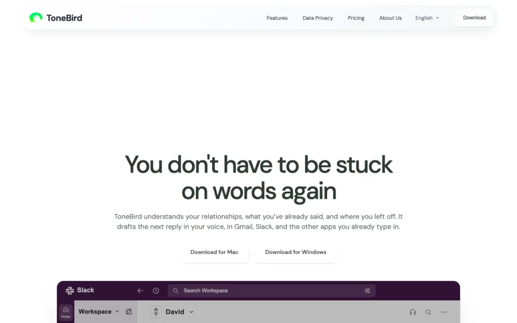 ToneBird Startseite – Screenshot des KI-Tools produktivität & schreiben, Oct 1, 2026