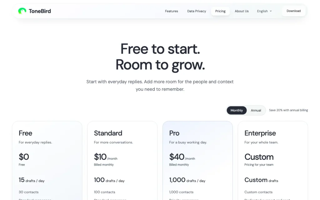 ToneBird page de tarifs avec offres et prix — capture d'écran de l'outil d'IA productivité et rédaction, Oct 1, 2026