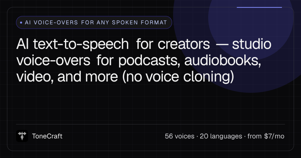 ToneCraft Startseite, Screenshot, KI-Tool audio & sprache
