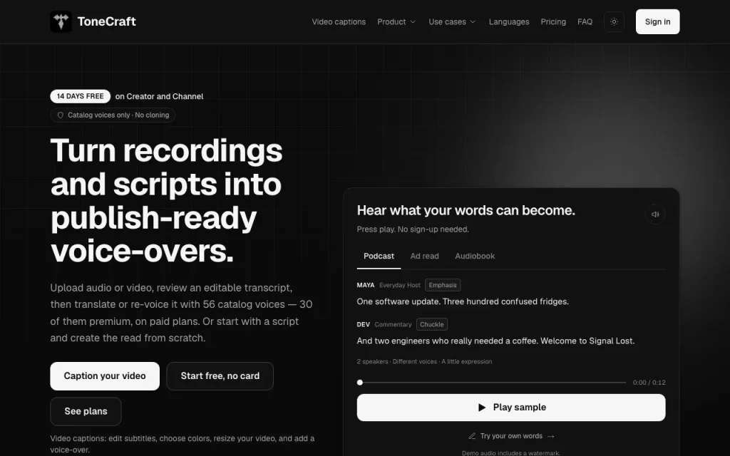 ToneCraft homepage — screenshot of the audio & voice AI tool, Oct 1, 2026