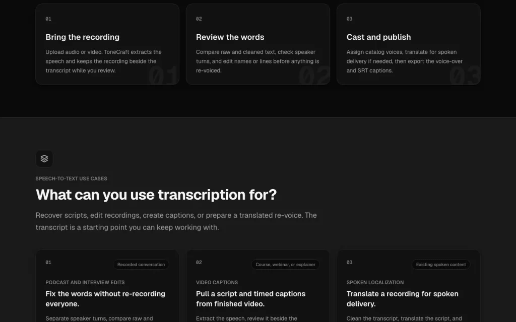 ToneCraft Startseite – Screenshot des KI-Tools audio & sprache, Oct 1, 2026