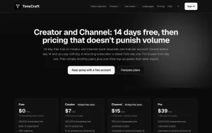 ToneCraft pricing page with plans and prices — screenshot of the audio & voice AI tool, 2026-10-01