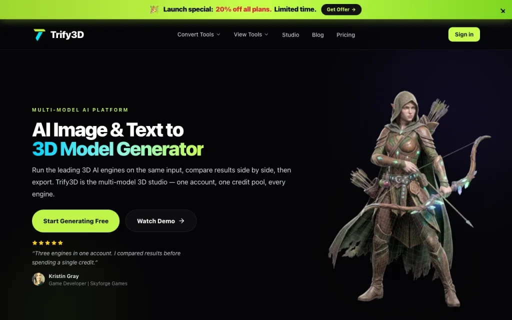 Trify3D Startseite – Screenshot des KI-Tools bilderzeugung, Oct 1, 2026