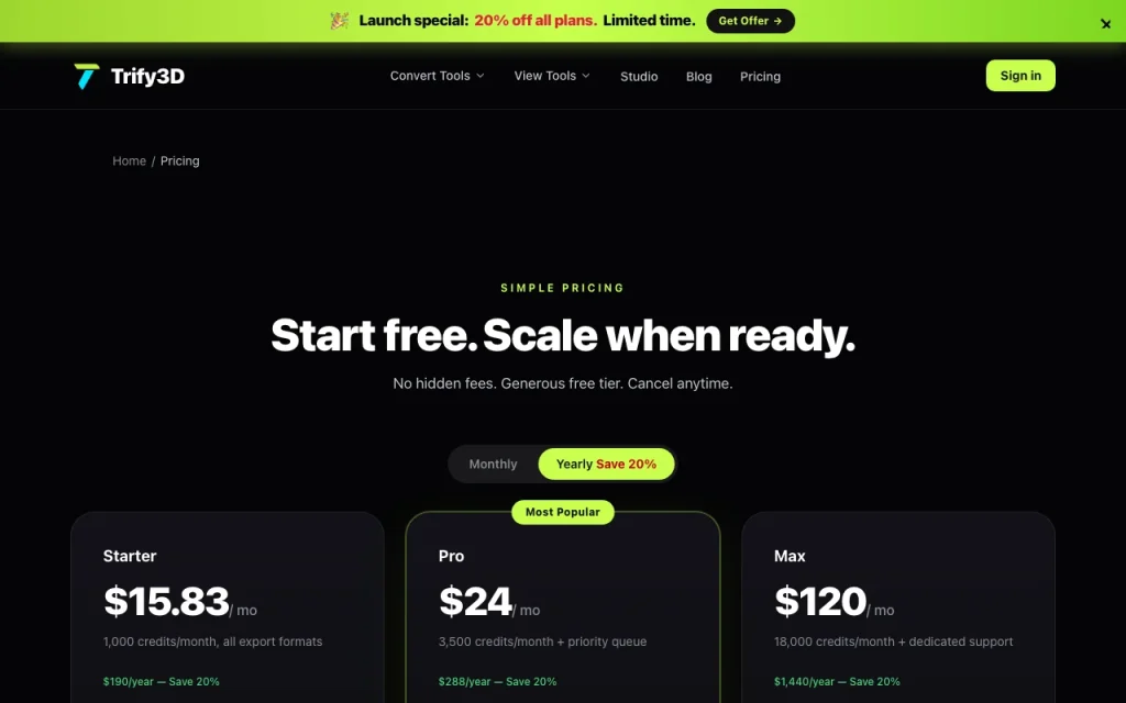 Trify3D pricing page with plans and prices — screenshot of the image generation AI tool, Oct 1, 2026