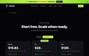 Trify3D pricing page with plans and prices — screenshot of the image generation AI tool, 2026-10-01