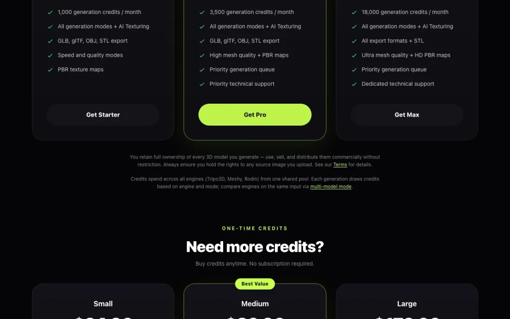 Trify3D pricing page with plans and prices — screenshot of the image generation AI tool, Oct 1, 2026