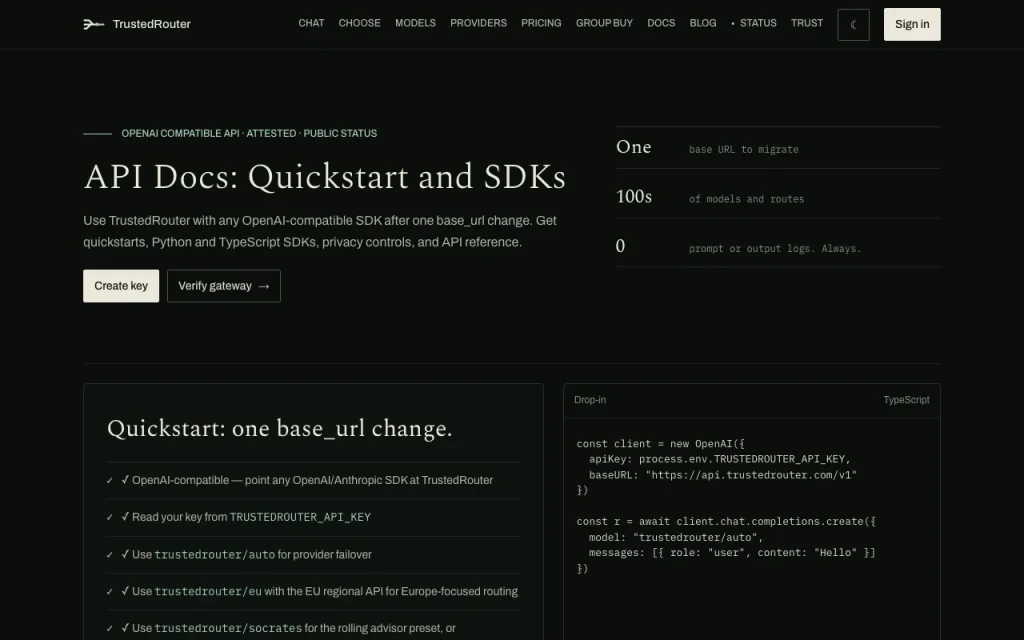 TrustedRouter Documentation de l'API — capture d'écran de l'outil d'IA programmation, Oct 1, 2026