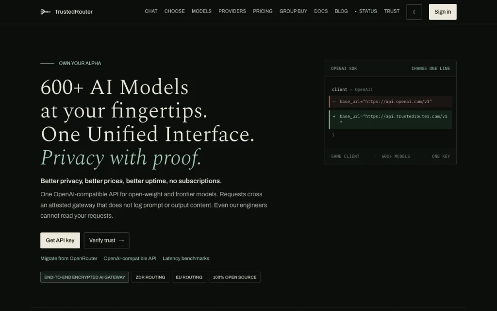 TrustedRouter homepage — screenshot of the coding AI tool, Oct 1, 2026