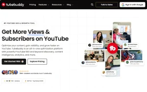 TubeBuddy homepage — screenshot of the video AI tool, 2026-10-01